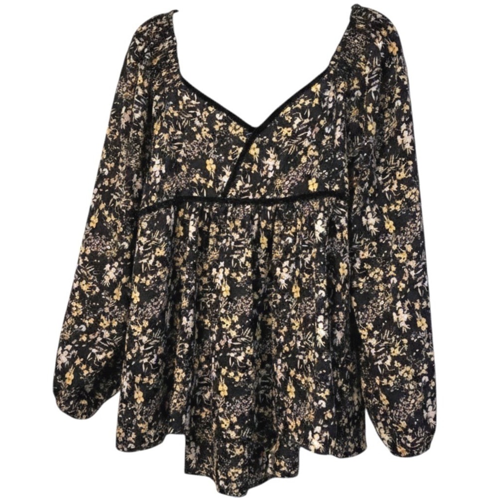 Umgee Floral Babydoll‎ Blouse Black Boho Velvet Trim Balloon Sleeve Womens Small